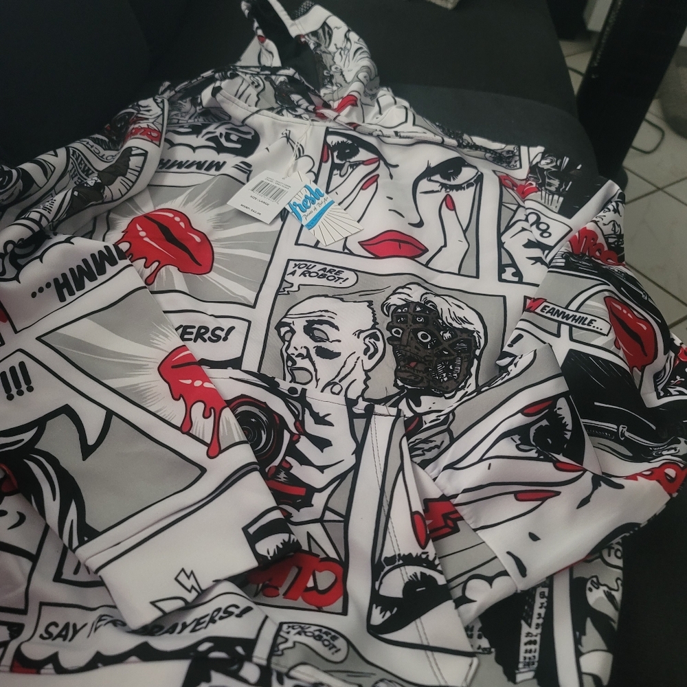 Comic Print Sweatshirt with Red and Black Accents NEW MEDIUM LARGE
